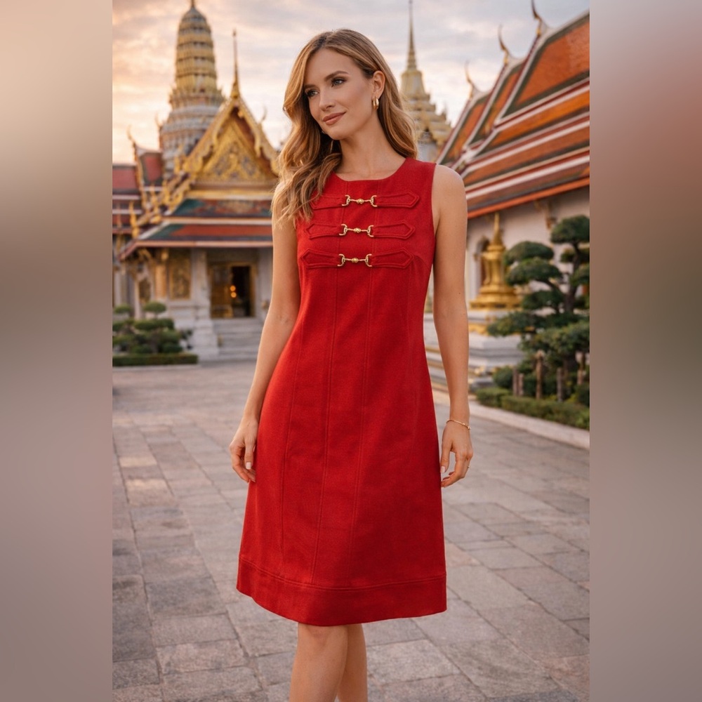 Olivia + Grace Red Shift Dress Gold Toggle Detail Sleeveless Size 4 Classic Chic